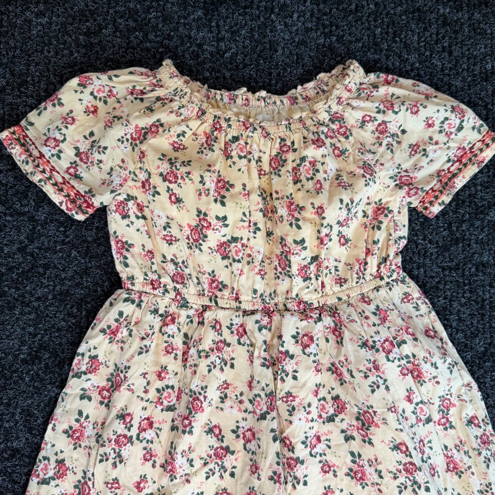 Gap‎ Kids Floral Short Sleeve Dress Cream Red Rose Print Embroidered Trim Size S